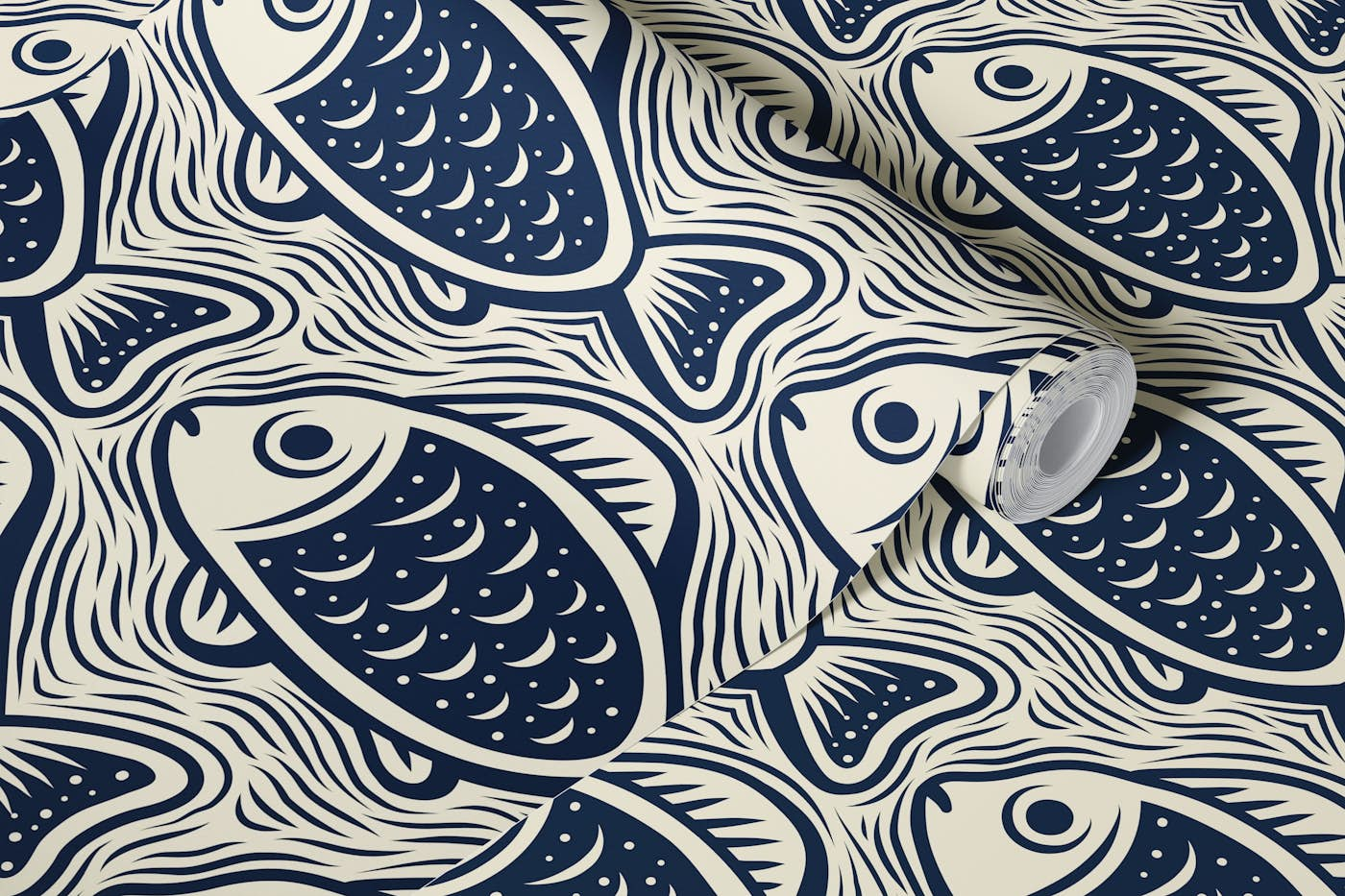 Block print fishes pattern, navy / 3052 D wallpaper roll