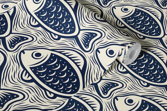 Block print fishes pattern, navy / 3052 Dwallpaper roll