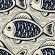 Block print fishes pattern, navy / 3052 D