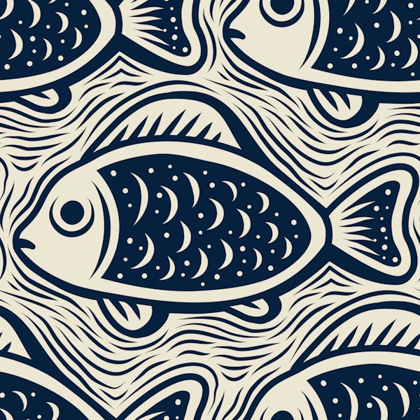 Block print fishes pattern, navy / 3052 D