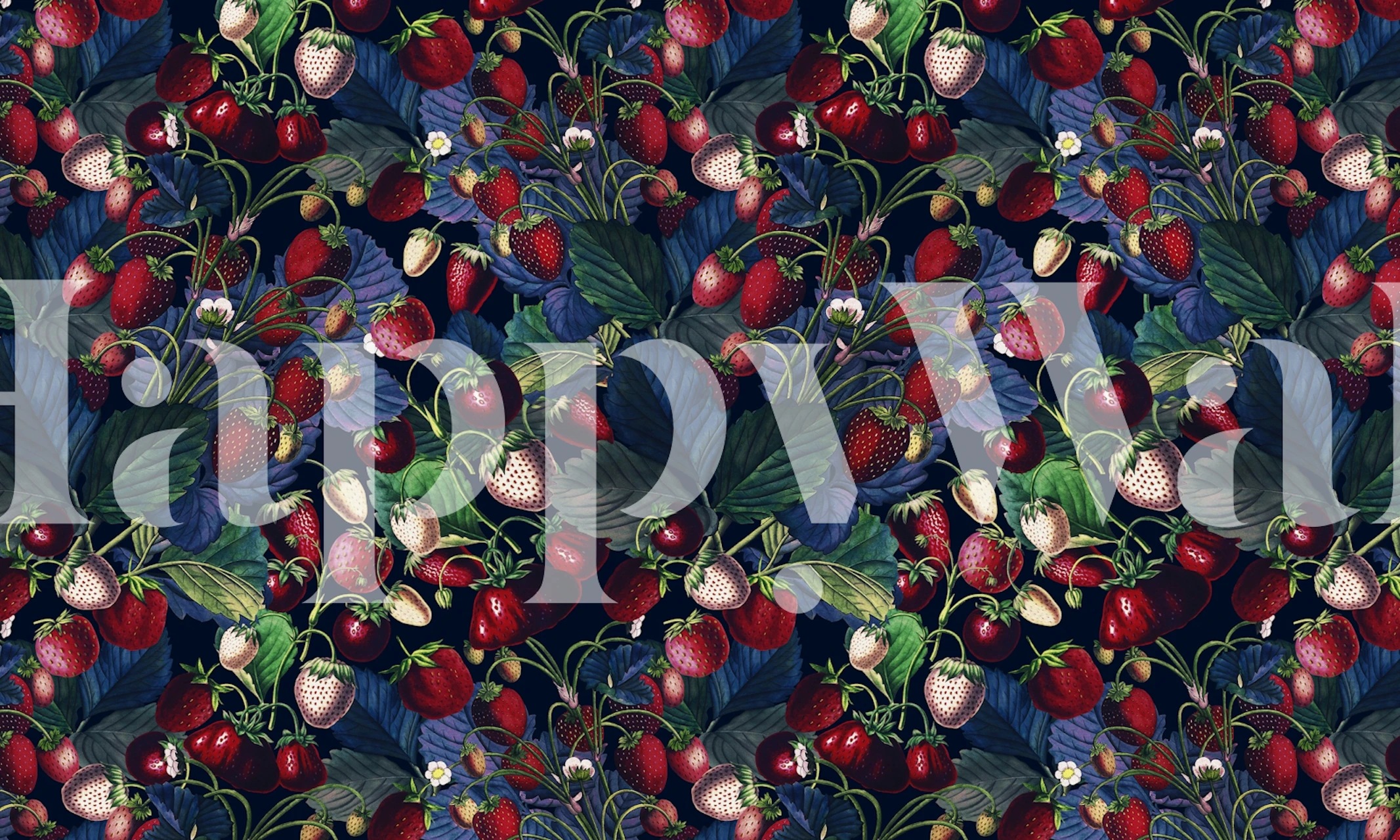 Strawberry and green leaf pattern wallpaper on dark background