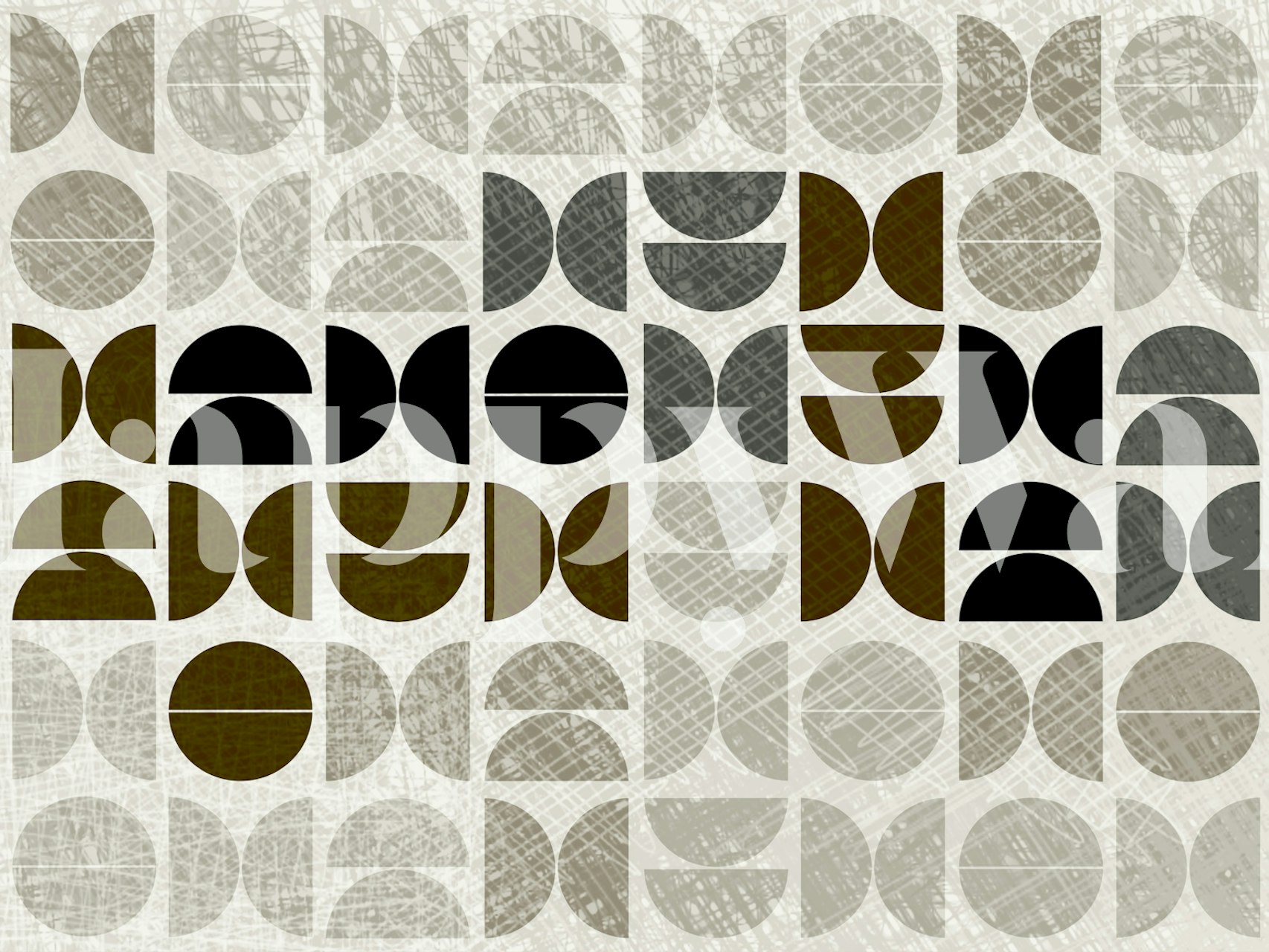 Neutral Mid-Century Bauhaus pattern wall mural with geometric shapes in beige, cream, and brown tones