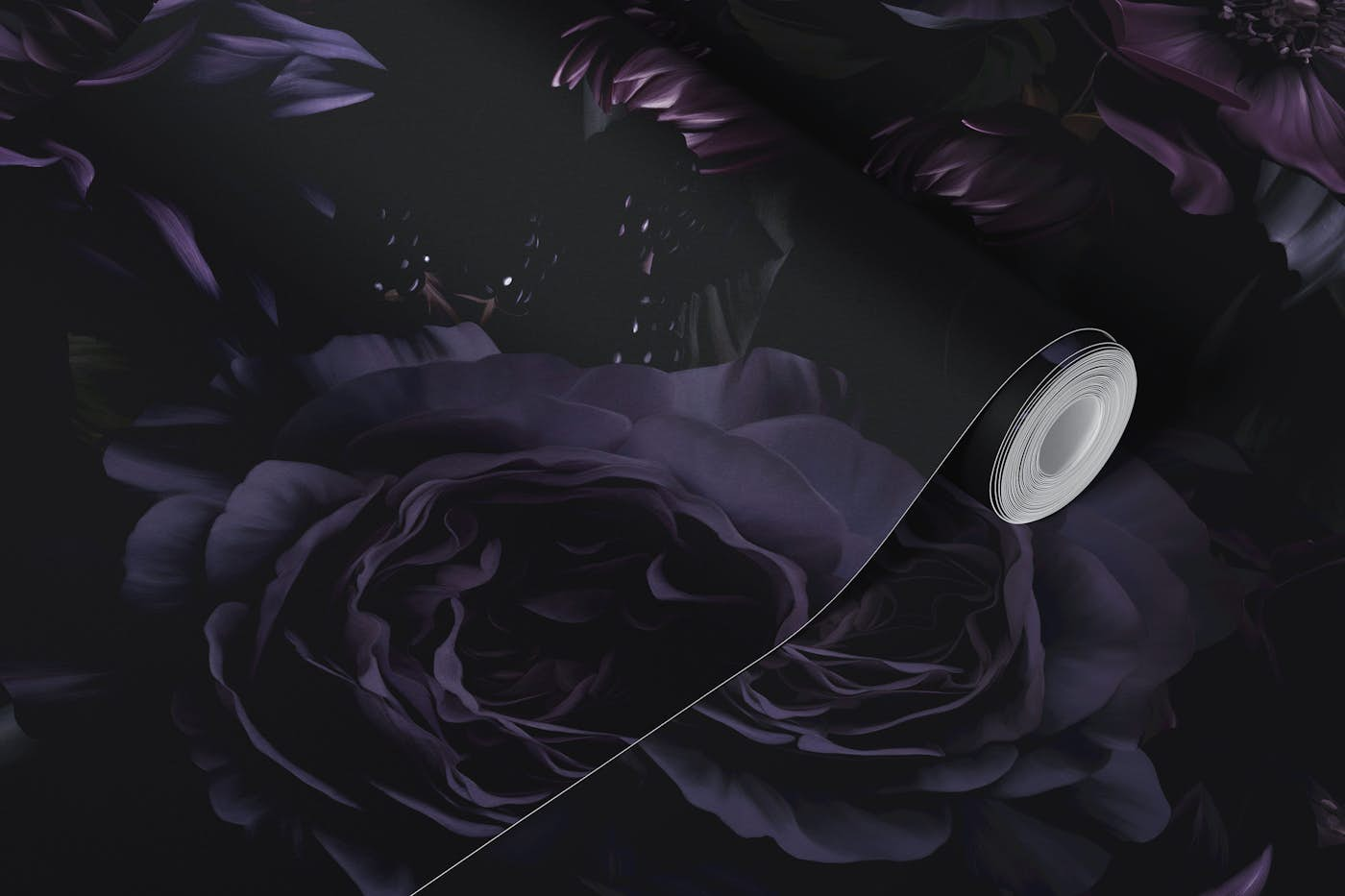 Purple Night Gothic Moody Baroque Flowers wallpaper roll