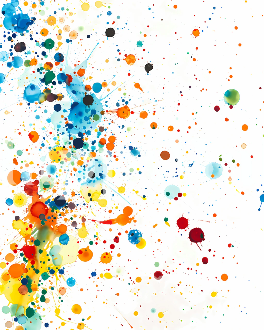 Colorful paint splashes wall mural bursting with vibrant hues on a white background