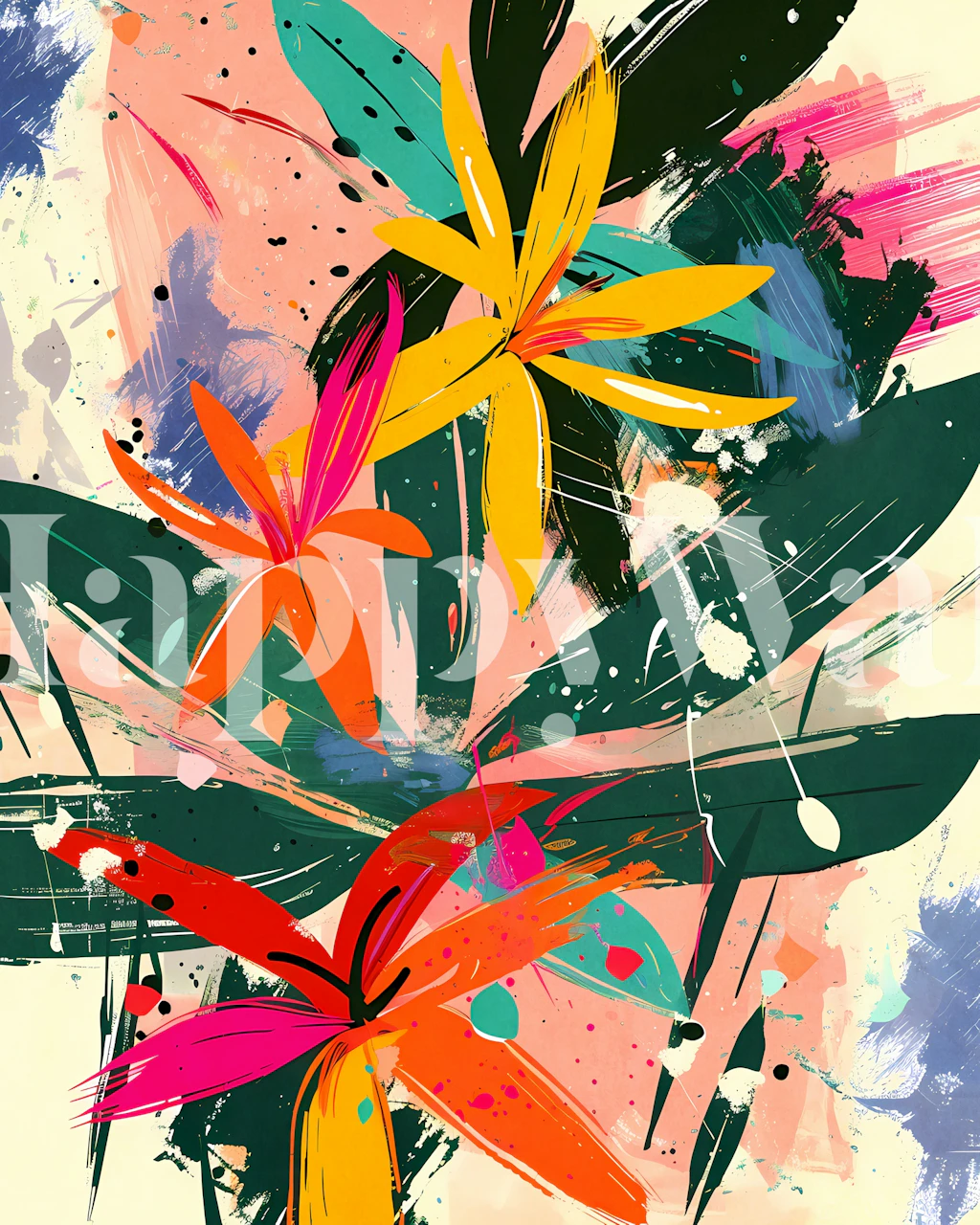 Colorful abstract tropical flowers wall mural