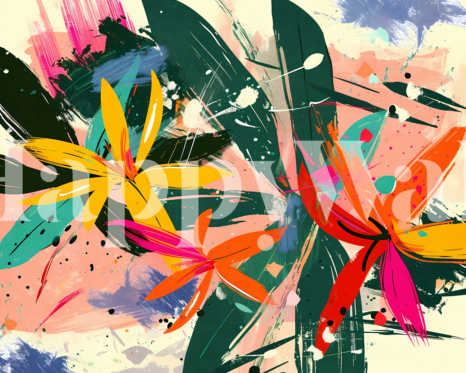 Colorful tropical flowers with green leaves on beige background wallpaper