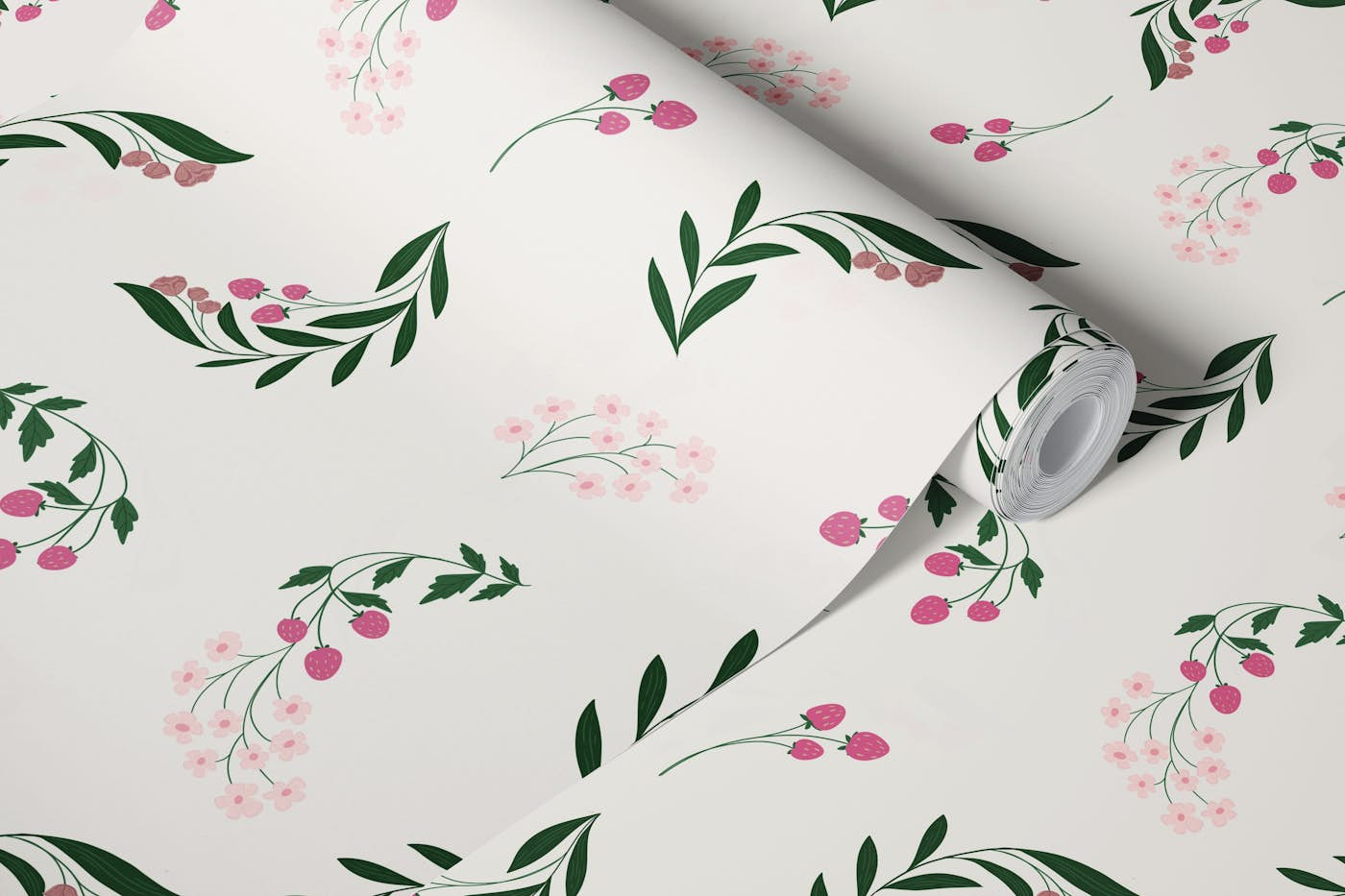 pink strawberry and delicate botanicals wallpaper roll