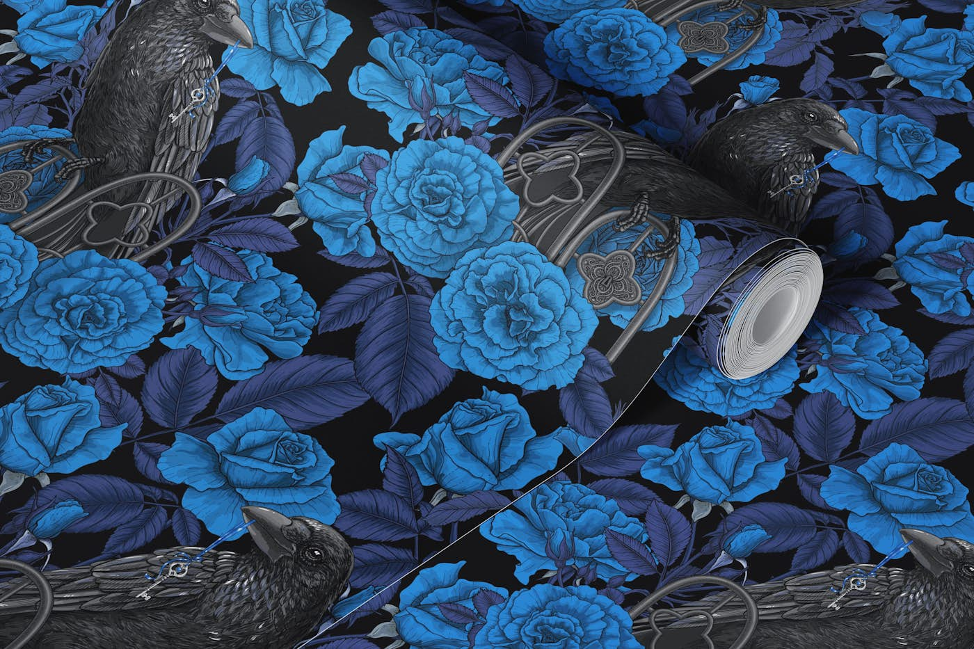 Ravens and roses i blue and black wallpaper roll