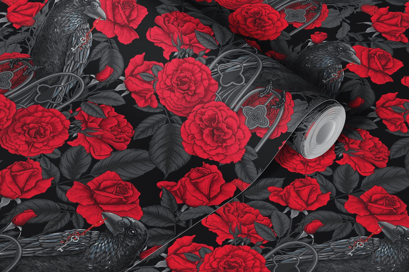 Ravens and red roses wallpaper roll