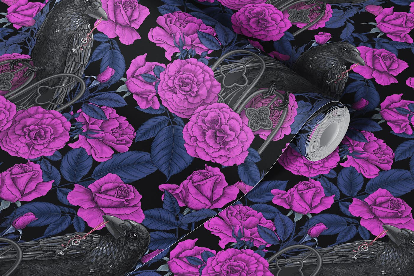 Ravens and roses, dark pink and blue wallpaper roll