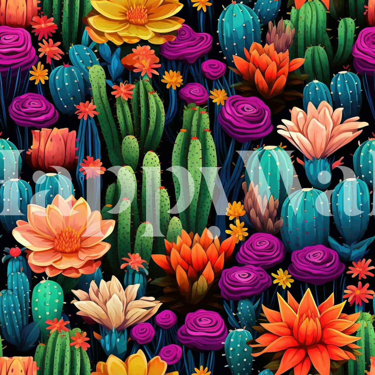 Colorful cacti and flowers wallpaper design