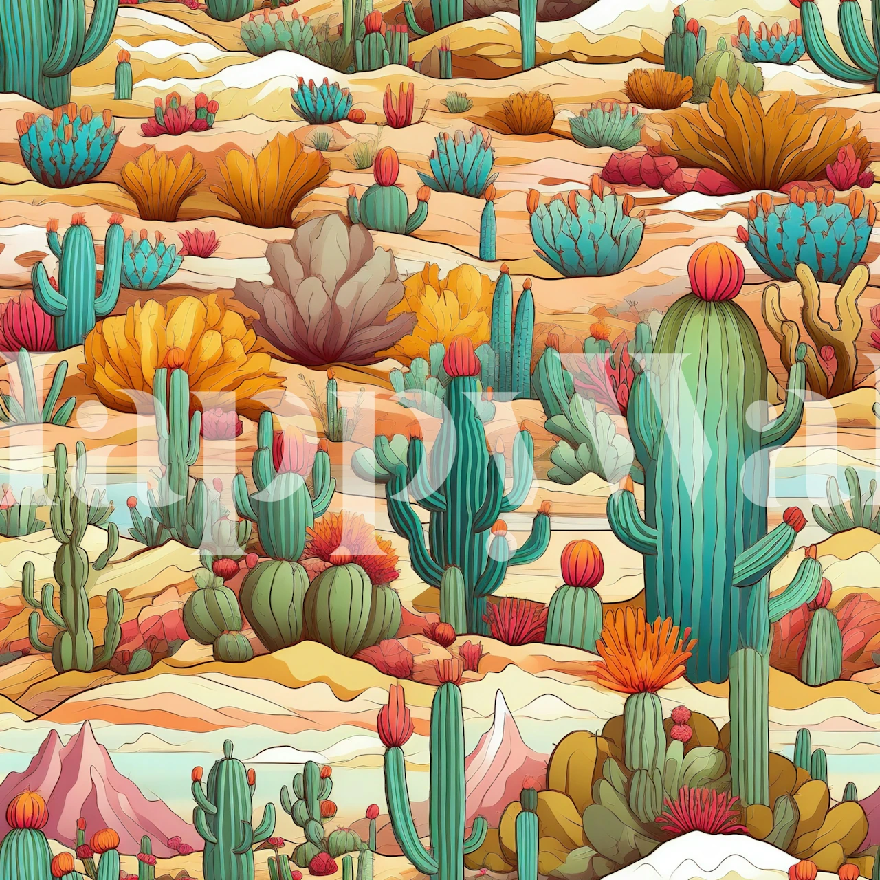 Papel tapiz Cacti Carnival #5 exhibido en una habitación