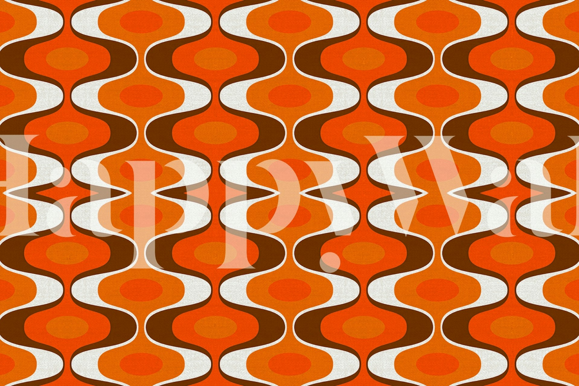 Vintage-inspired wall mural with a 70s retro groovy pattern in orange and brown colors.