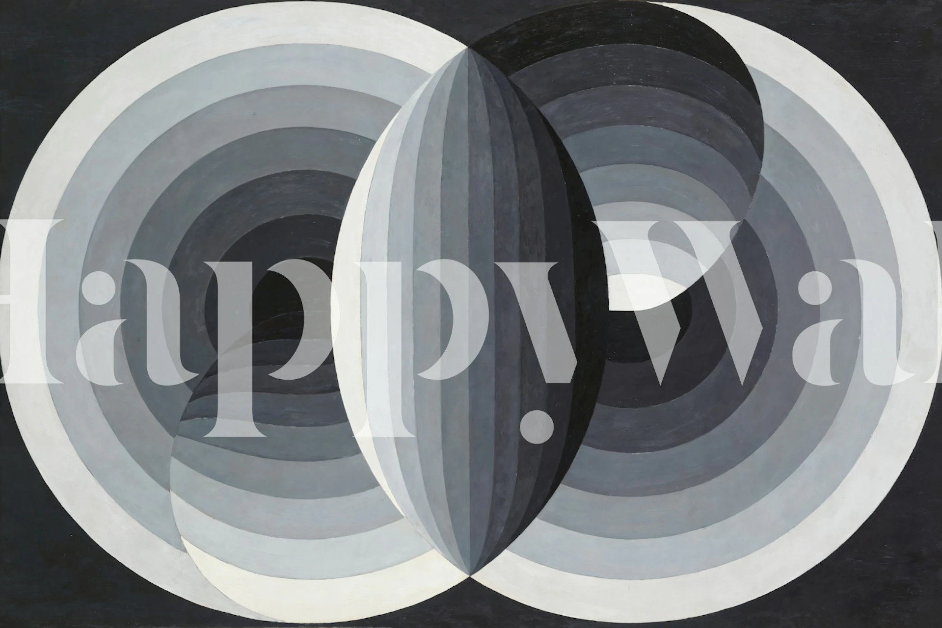 Mid century modern wallpaper featuring black and gray wavy patterns with circular accents
