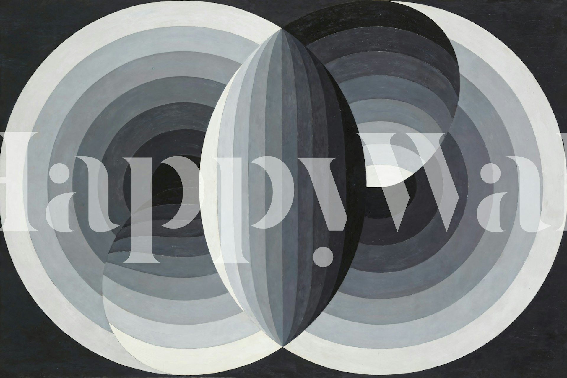 Mid century modern wallpaper featuring black and gray wavy patterns with circular accents