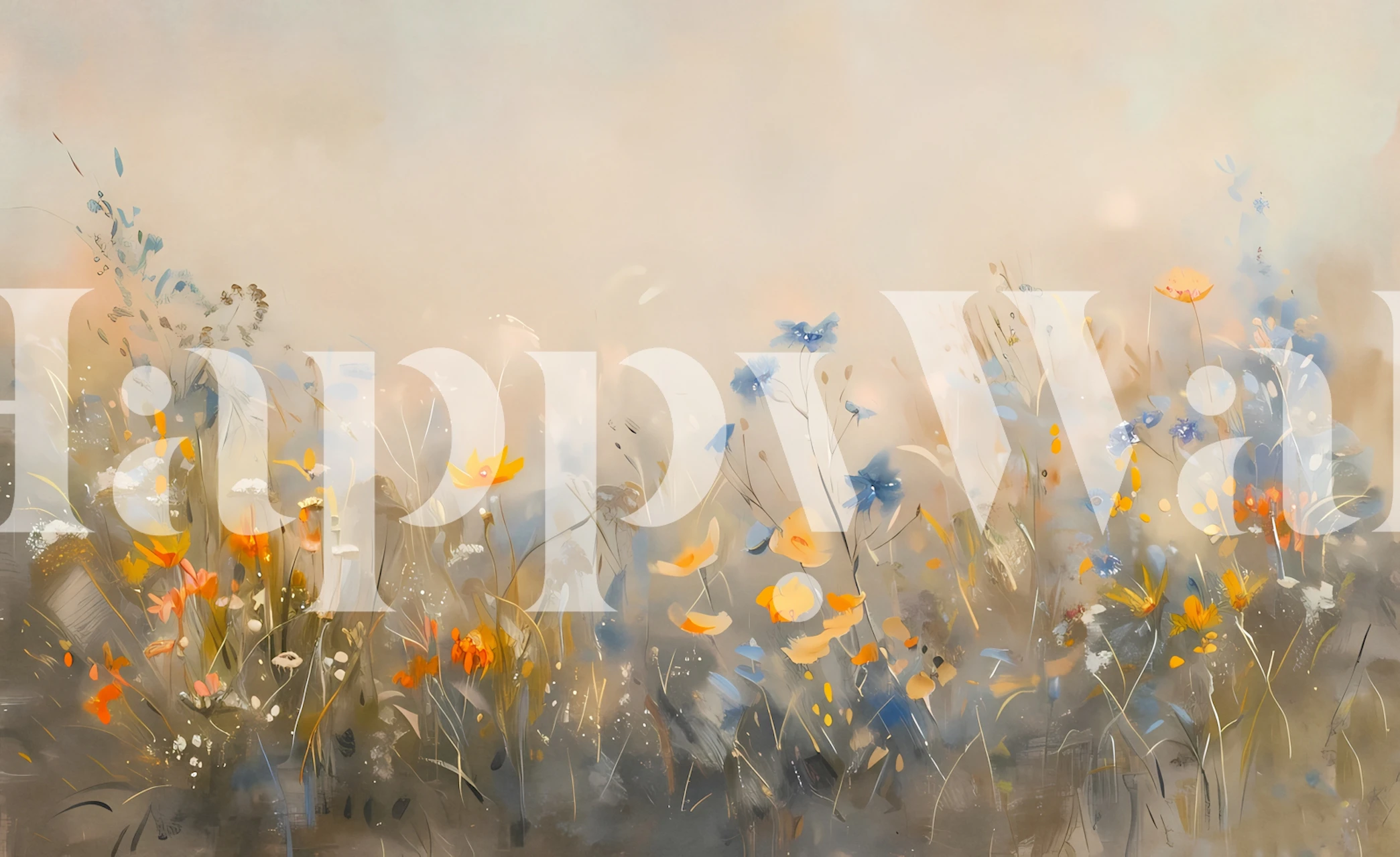 Delicate blue and orange wildflower pattern wallpaper