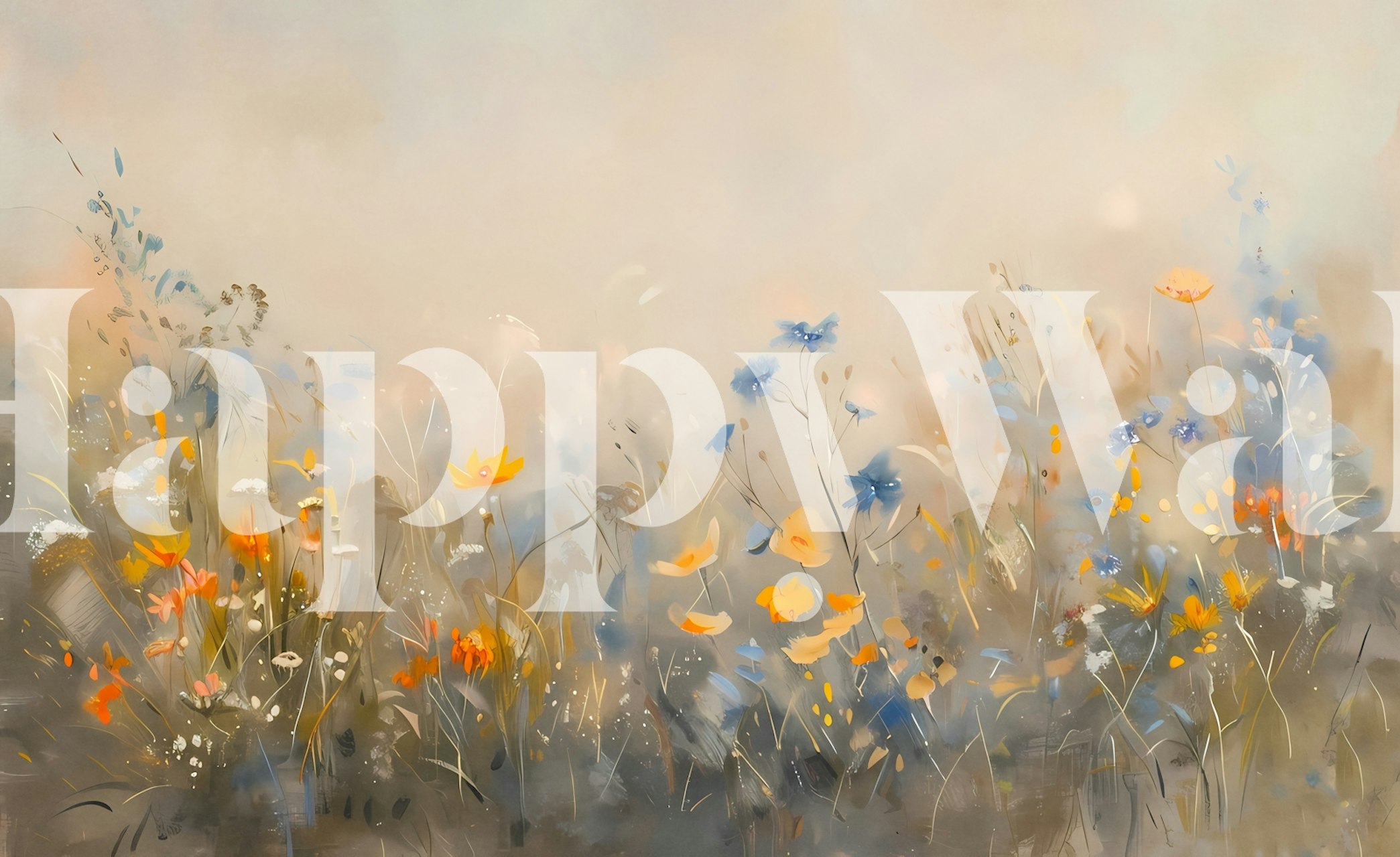 Delicate blue and orange wildflower pattern wallpaper