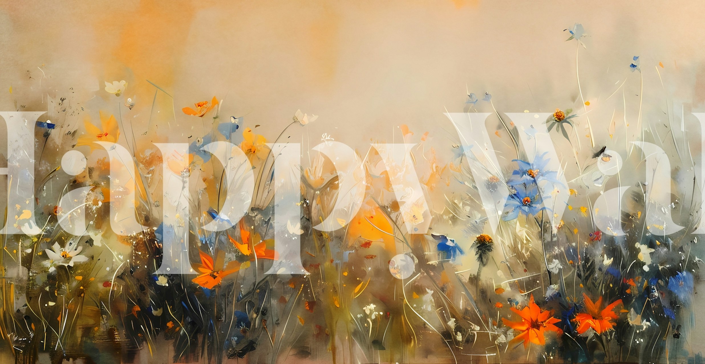 A wall mural of wildflowers in bloom with a warm, soft background