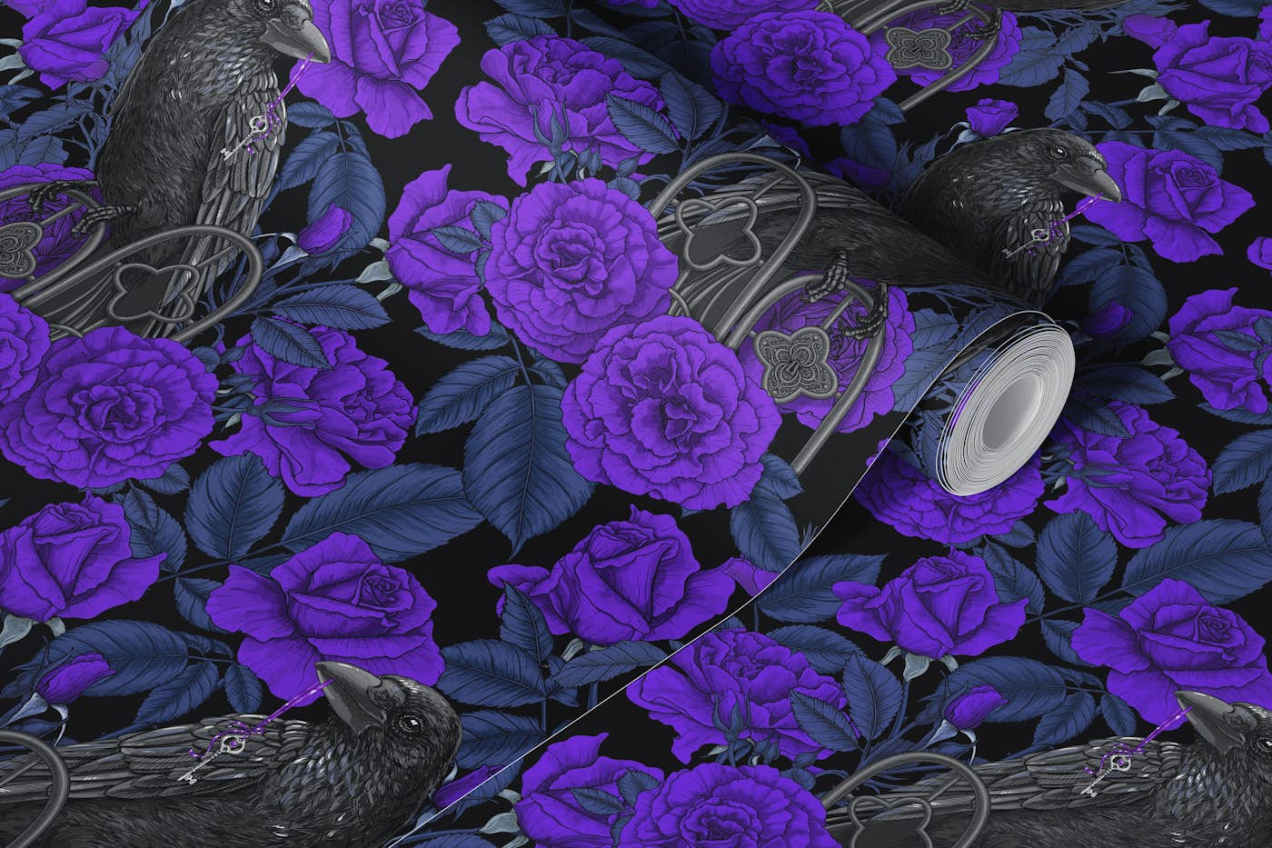 Ravens and roses, violet, blue and black wallpaper roll