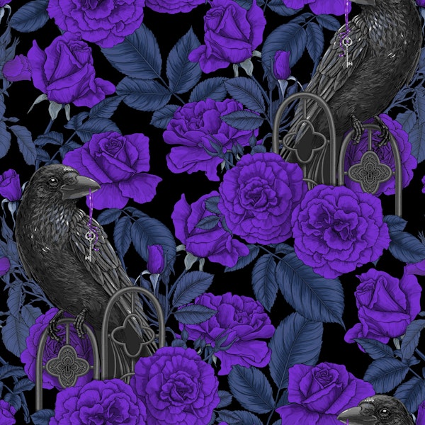 Ravens and roses, violet, blue and black