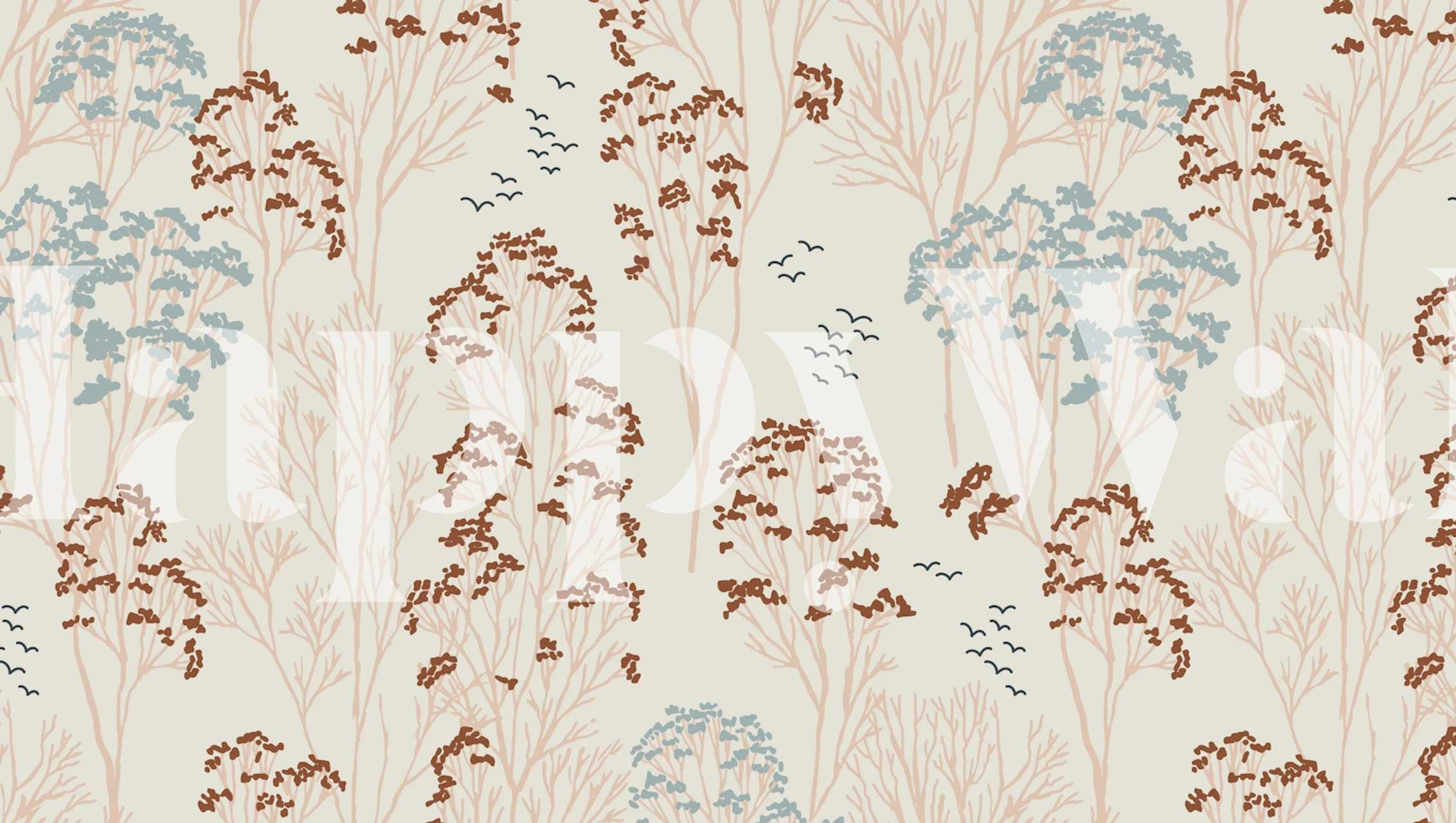 Foliage and tree designs in soft beige, blue, and brown colors. Boho wallpaper