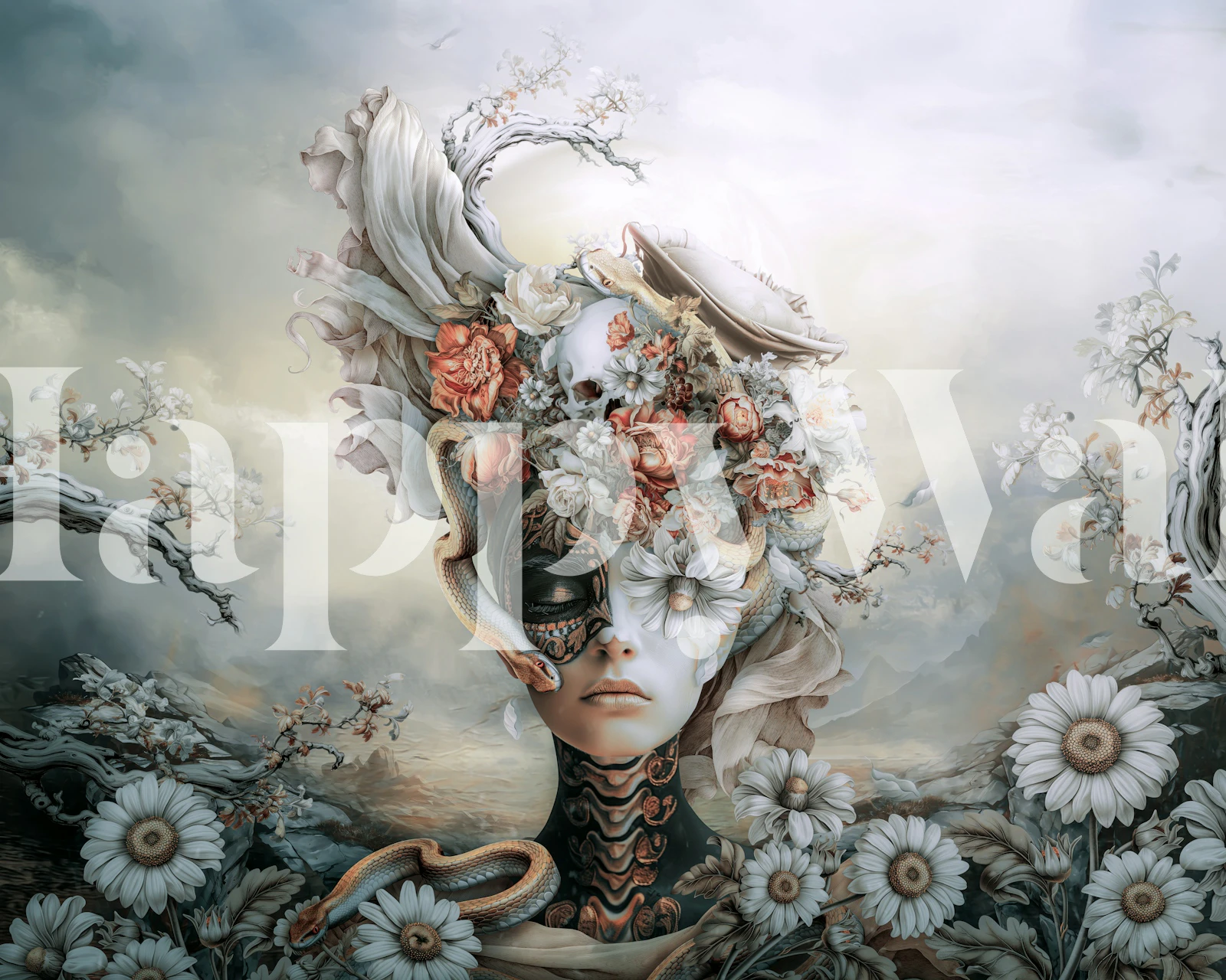 Floral portrait with a woman's face, soft pastels, artistic wallpaper