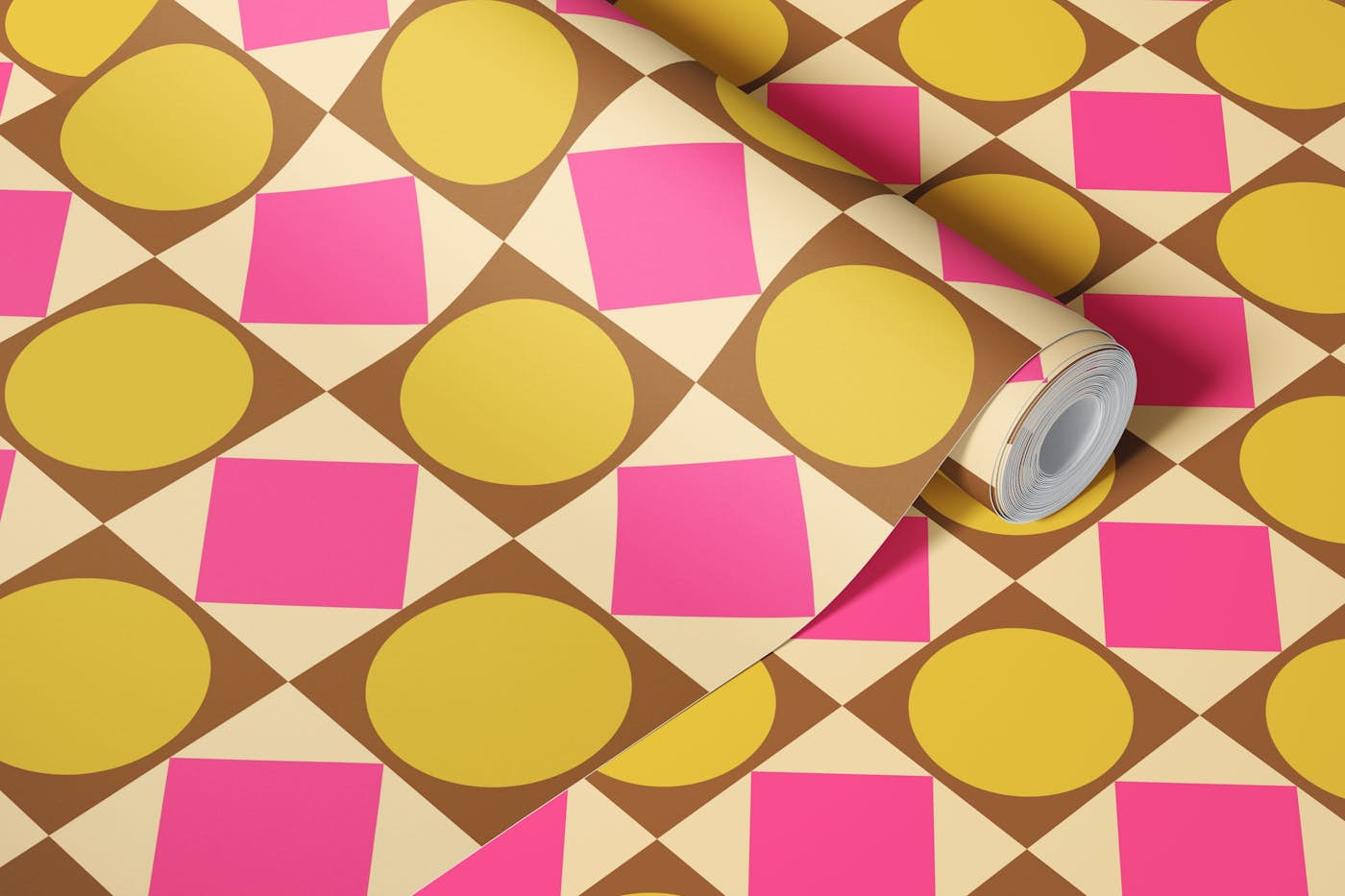 Bright Retro Geometric in Yellow and Hot Pink wallpaper roll