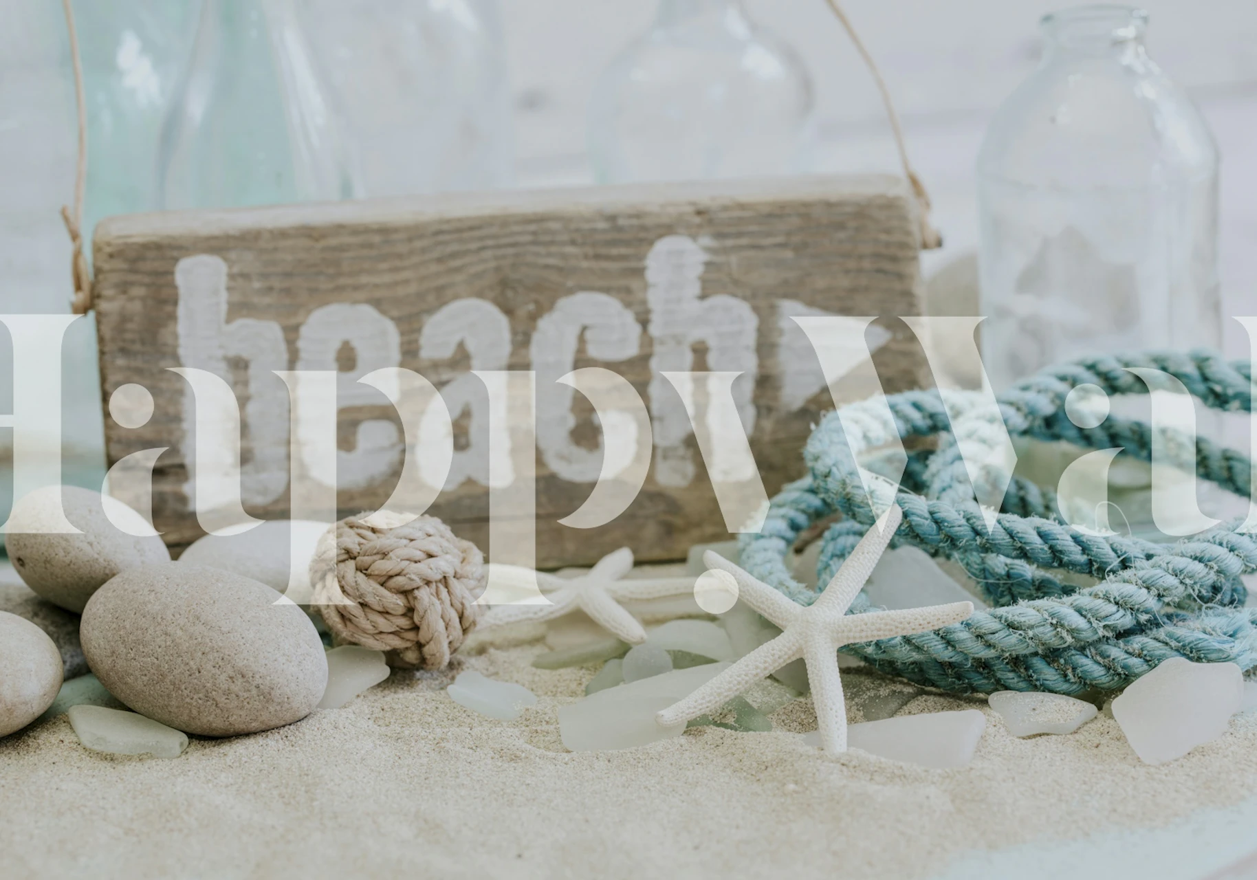 Beach nautical elements with rope, stones, and a sign wallpaper