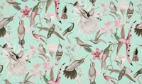 Tropical Hummingbird Flowers Teal Pink behang