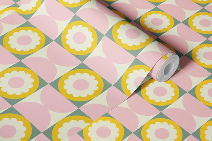 Flower Checkerboard in Pink and Yellowwallpaper roll