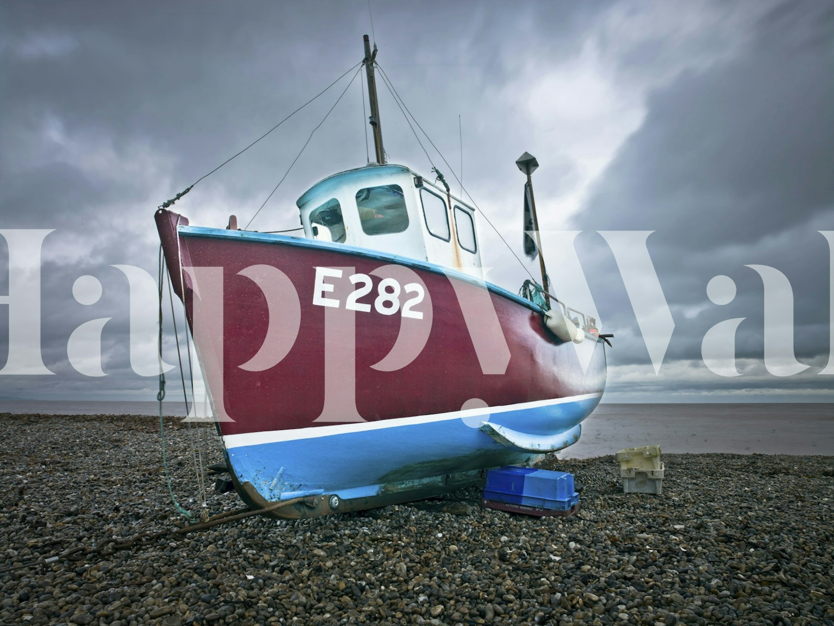 Burgundy and blue fishing boat in cloudy coastal wallpaper
