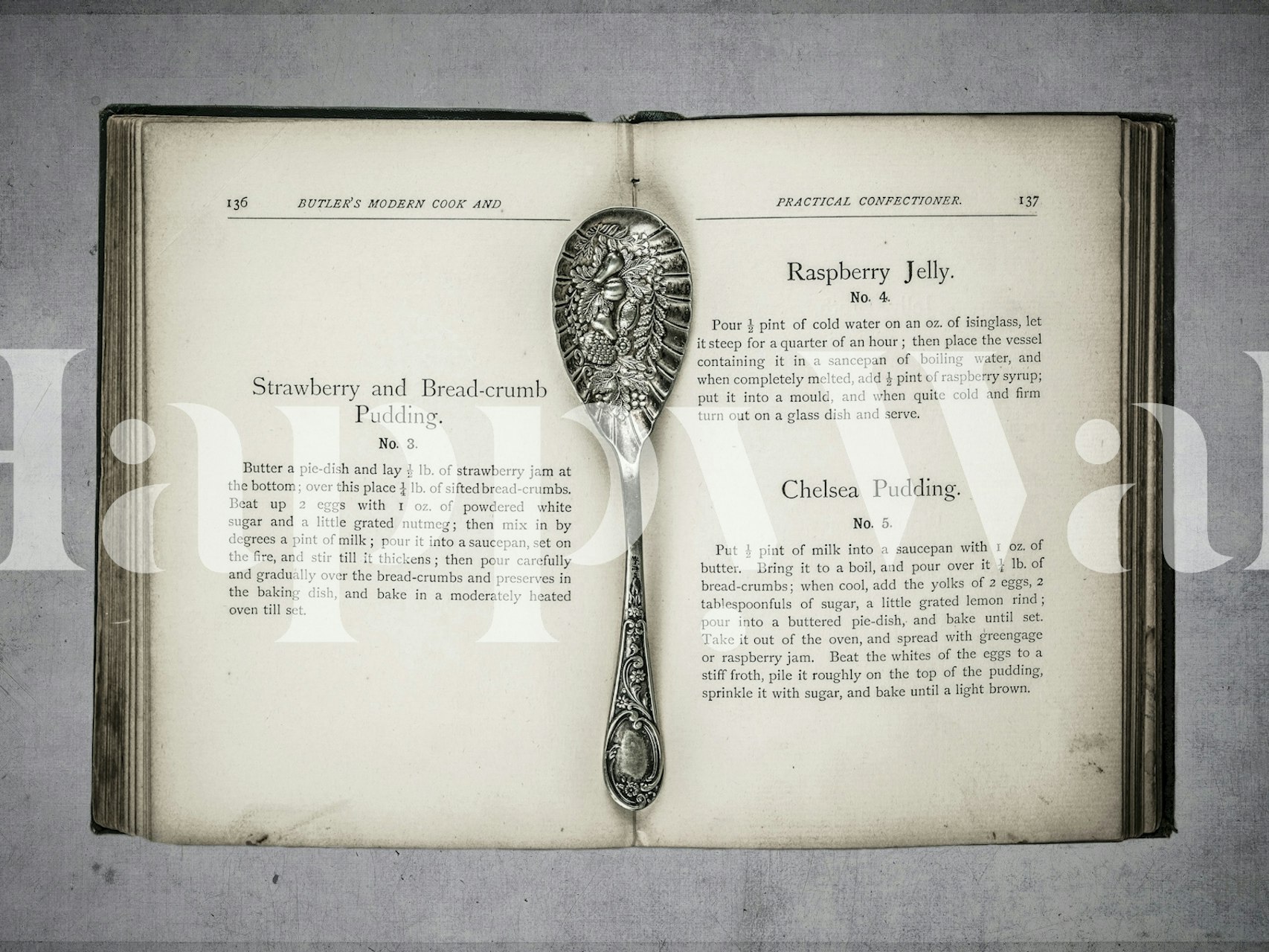 Antique recipe pages with silver spoon design wallpaper