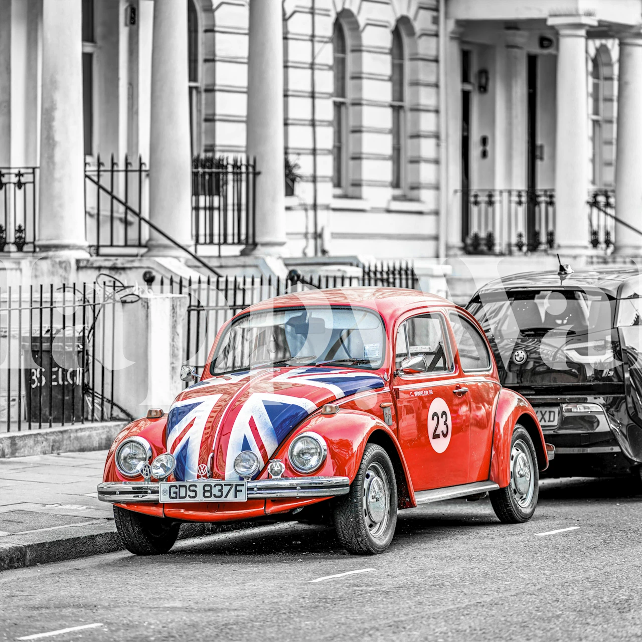 Iconic British car with Union Jack design in selective color