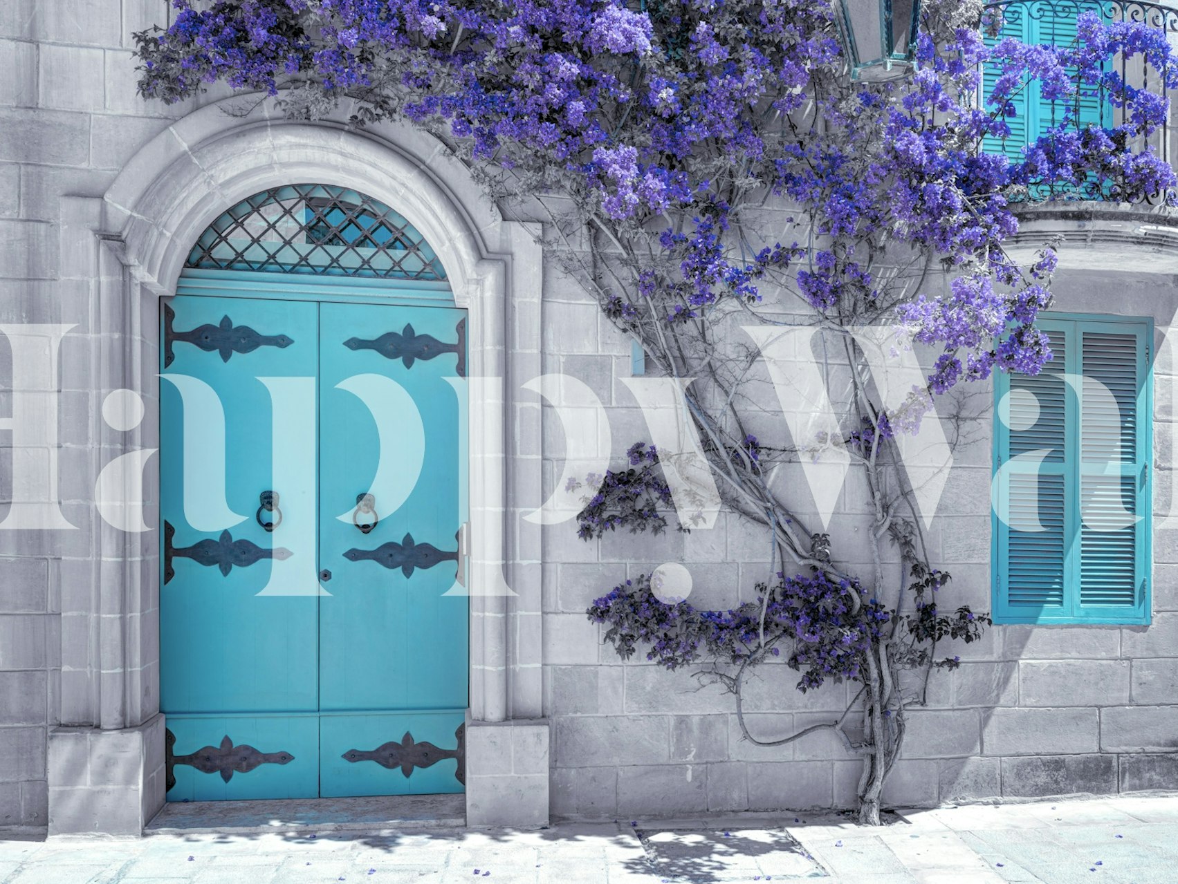 Turquoise doors with floral elements and purple vines wallpaper