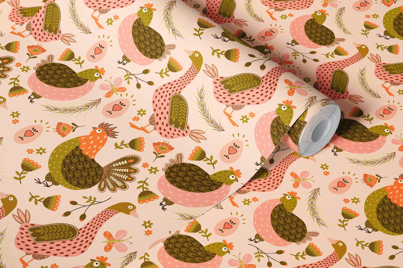 Chicken farm green blush pink wallpaper roll