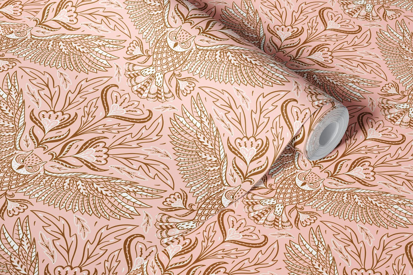 owl rosé bronze - bright academia damask wallpaper roll