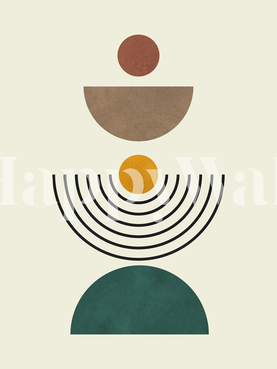 Mural de pared geométrico abstracto con líneas y círculos en tonos tierra