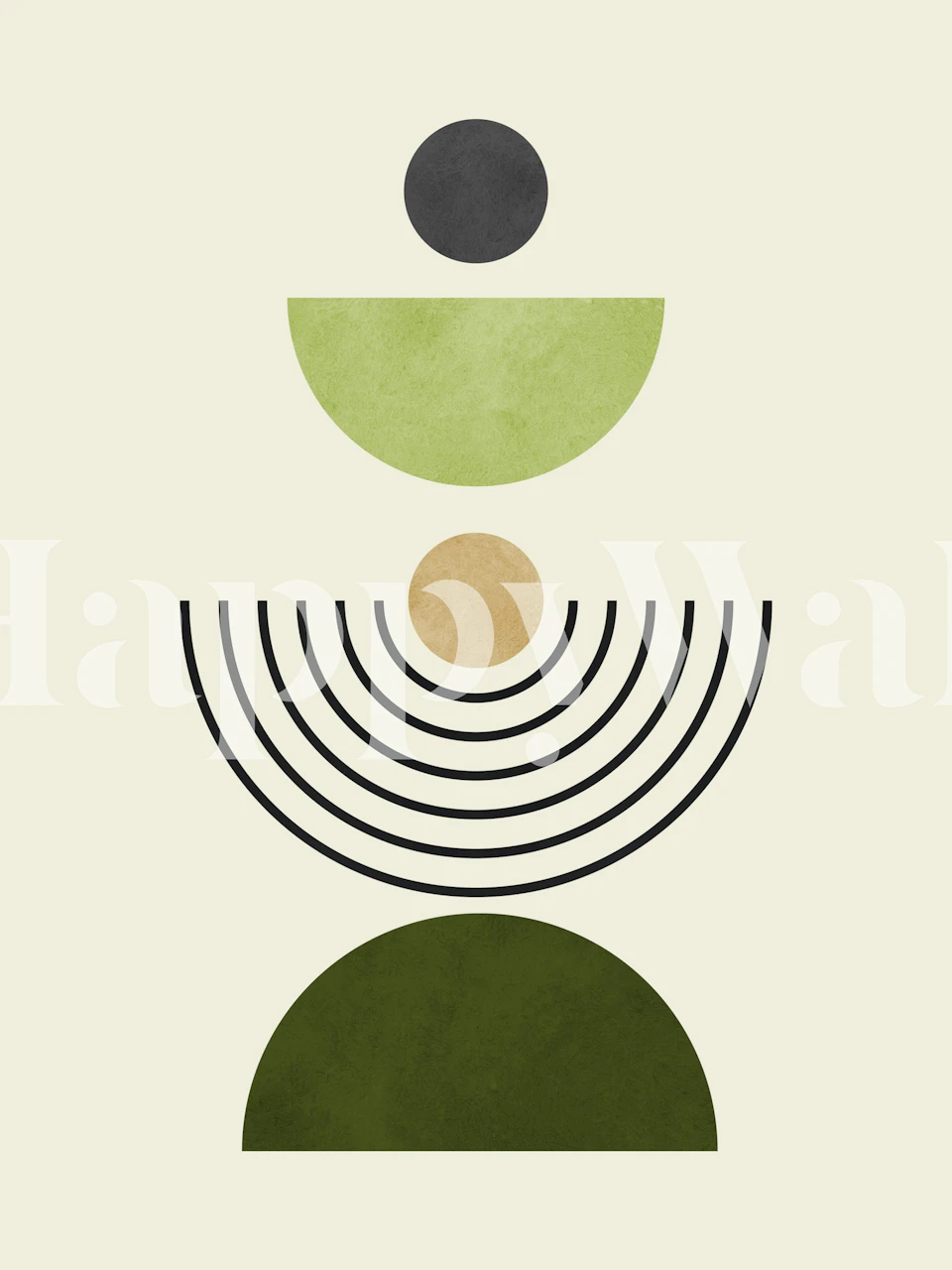 Abstrakt geometrisk vægmaleri med linjer og cirkler i neutrale toner