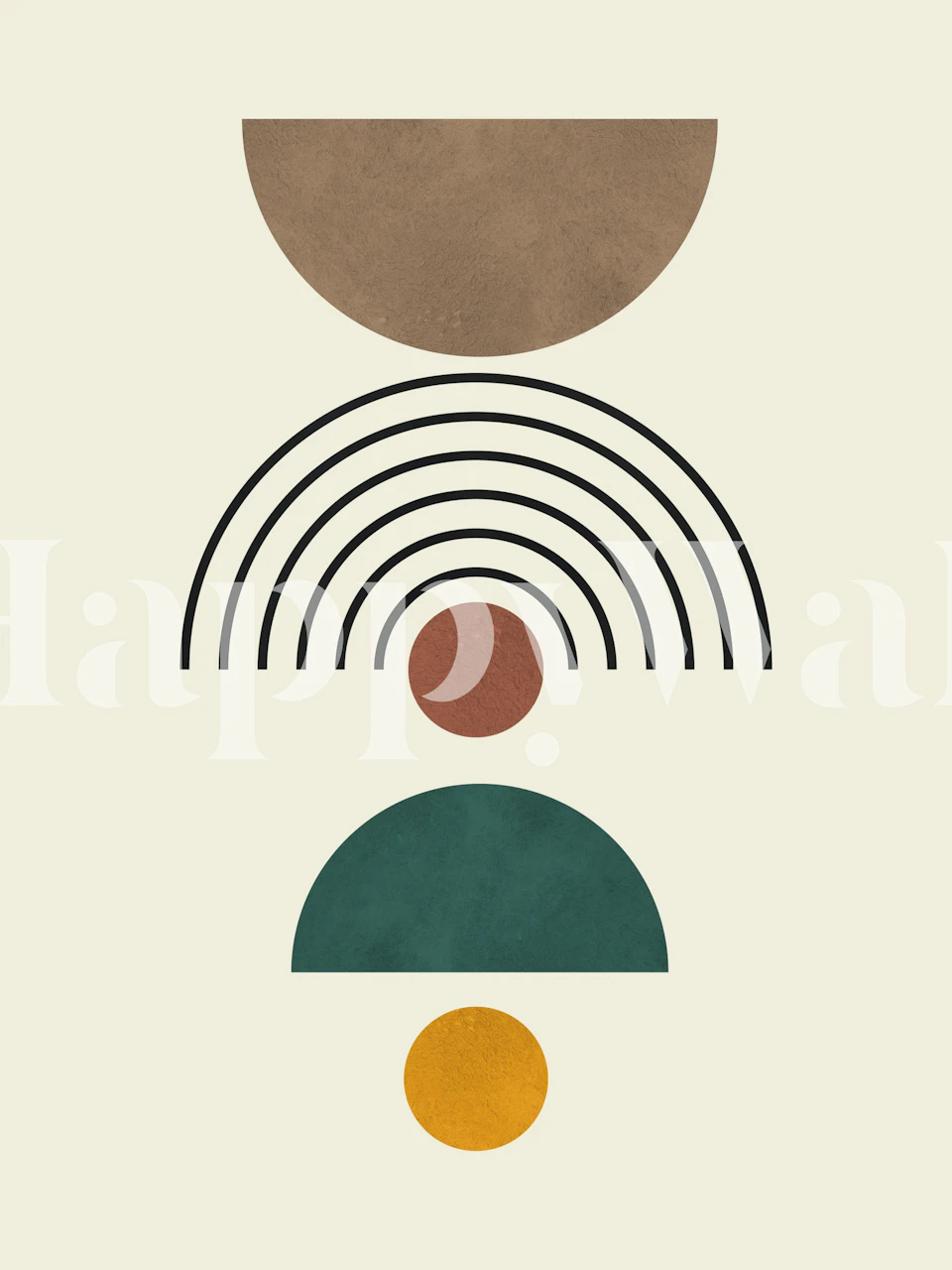 Mural de parede geométrico minimalista com linhas e círculos em tons terrosos