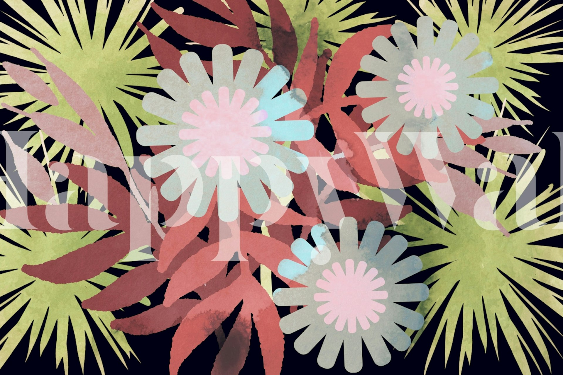 Tropical floral wallpaper with pink flowers and green leaves on a black background