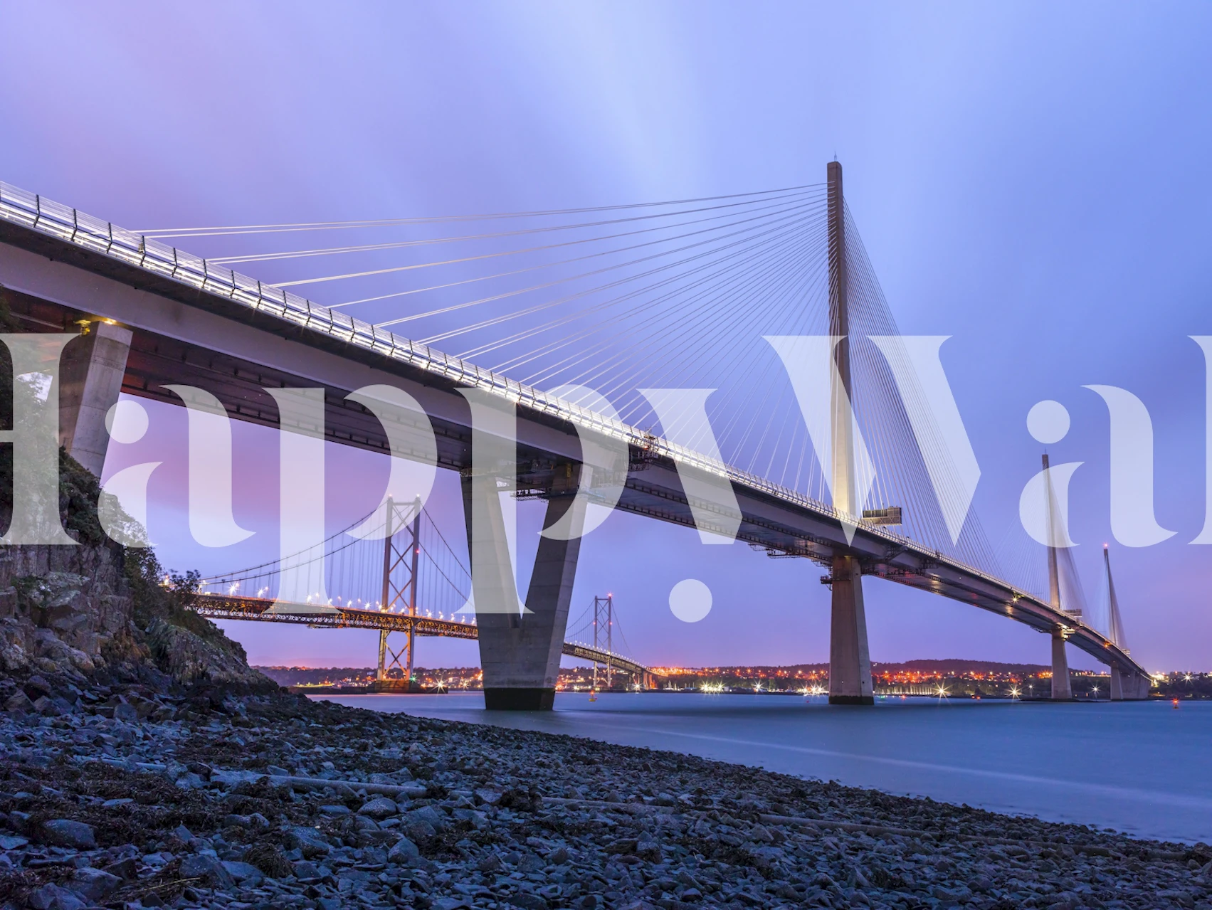 Modern Queensferry Bridge at twilight, blue hues wallpaper