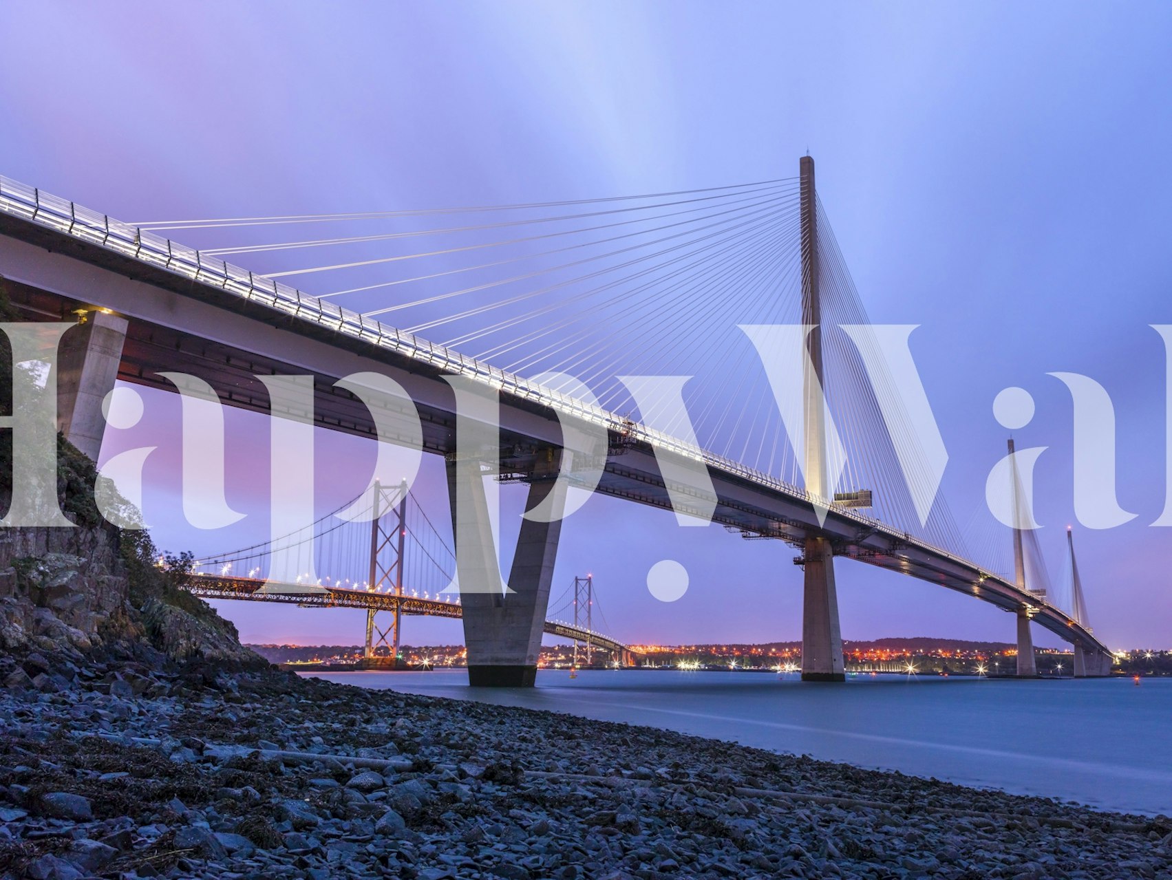 Modern Queensferry Bridge at twilight, blue hues wallpaper