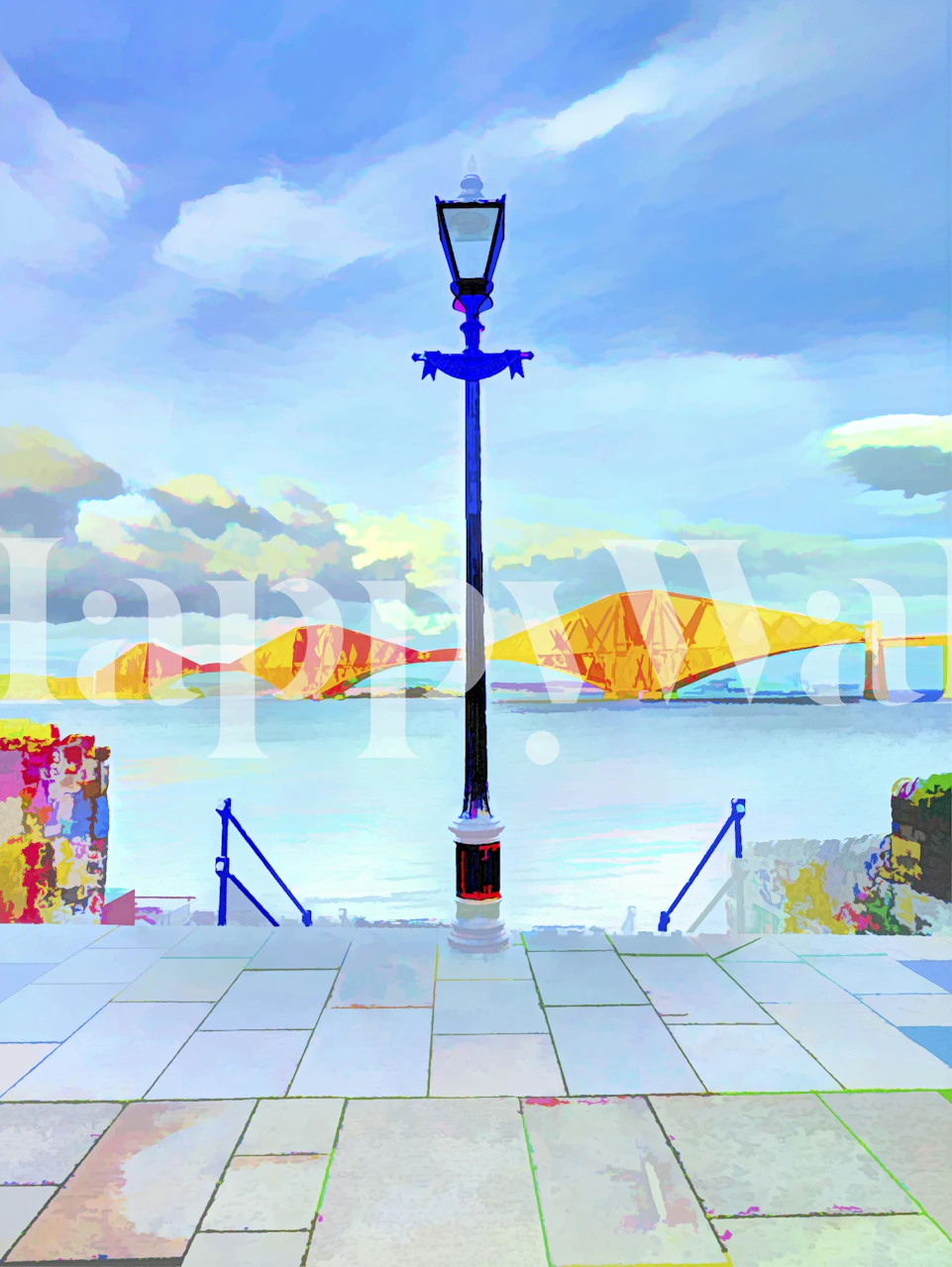 Forth Rail Bridge wall mural with cobblestone foreground and a lamppost