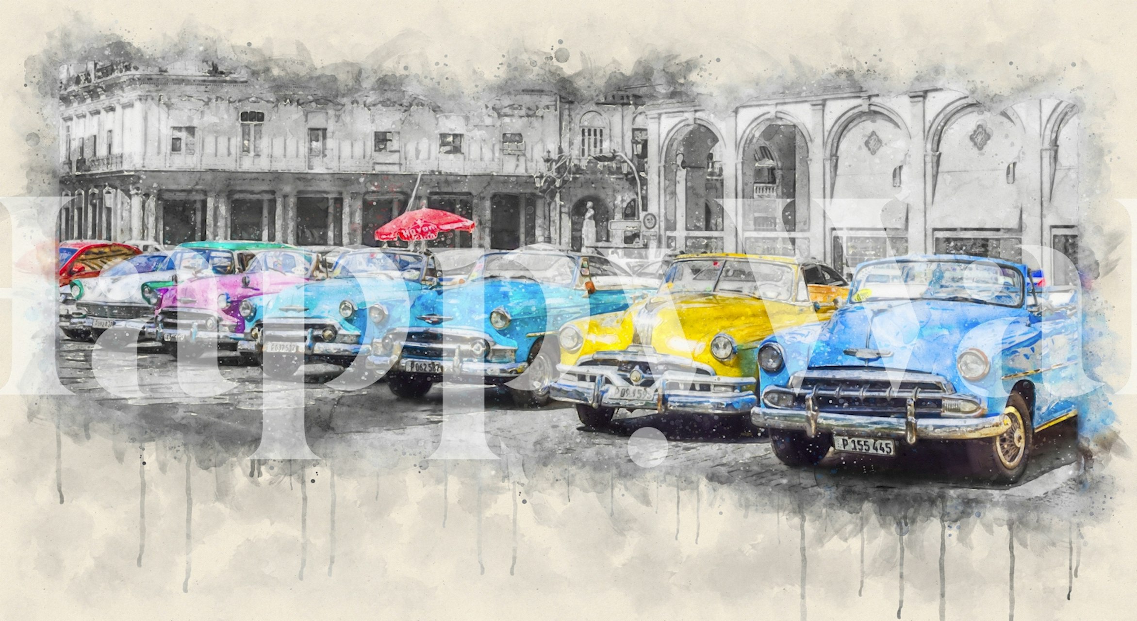 Watercolor vintage cars in blue, yellow, and pink on a muted background wallpaper