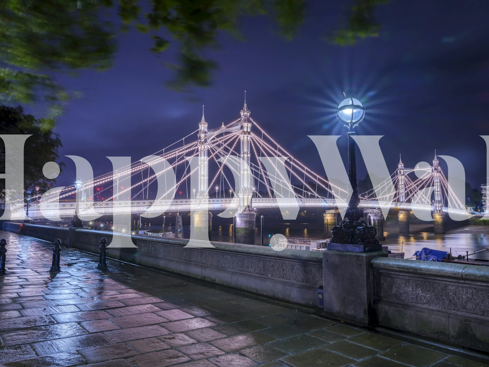 Illuminated Albert Bridge at night with glowing lamps, cityscape wallpaper