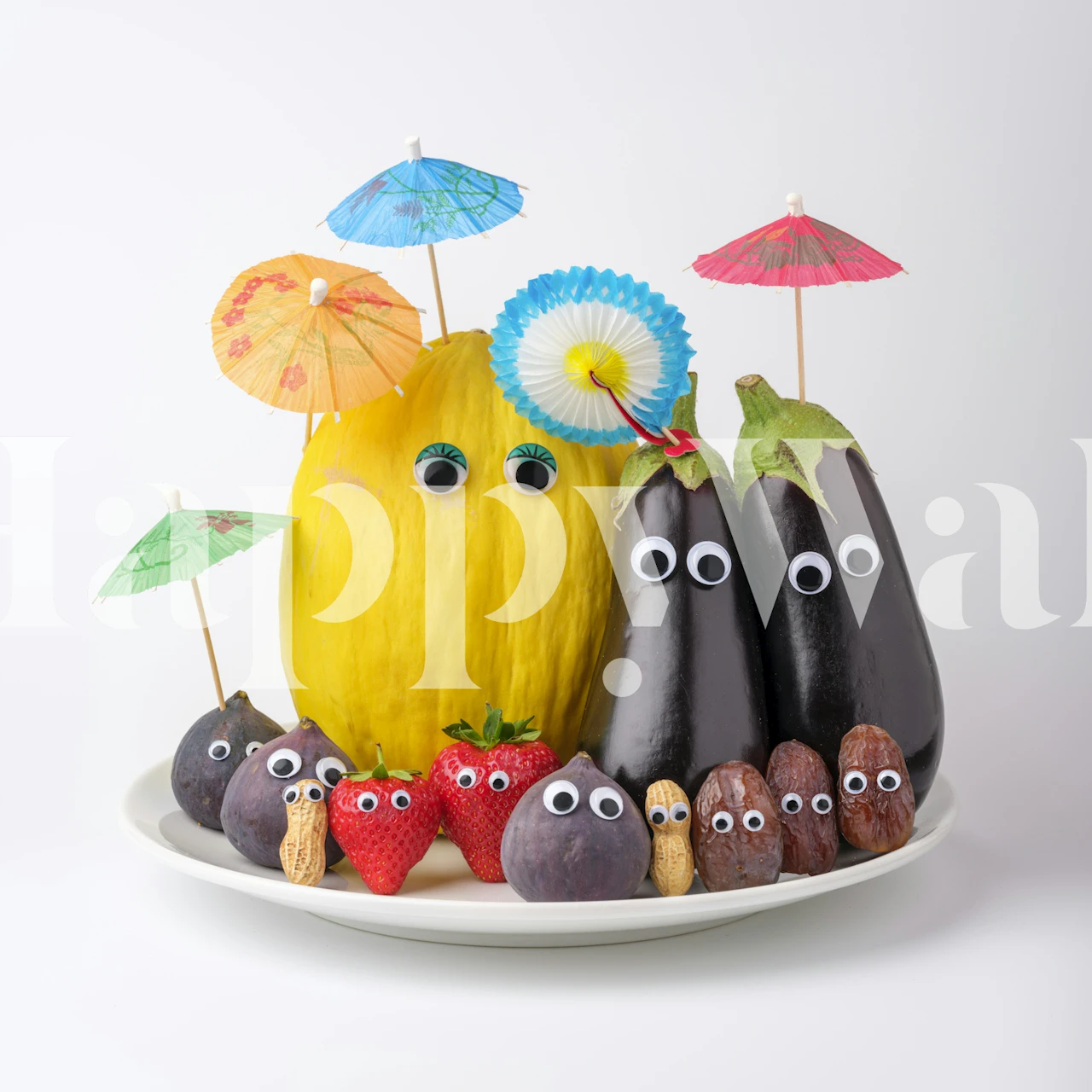 Colorful quirky edible characters with umbrellas wallpaper