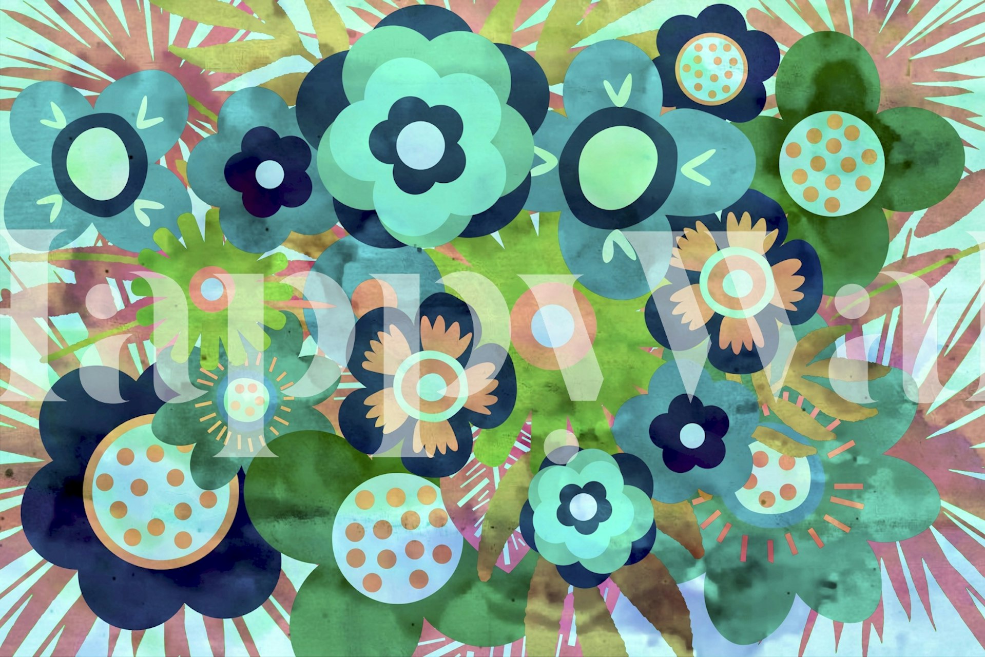 Colorful retro floral patterns in aqua, blue, and green wallpaper