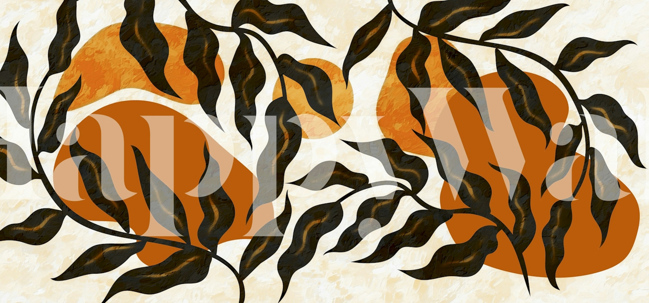 Sunrise Luxury Leaves wall mural with warm apricot and black botanical patterns