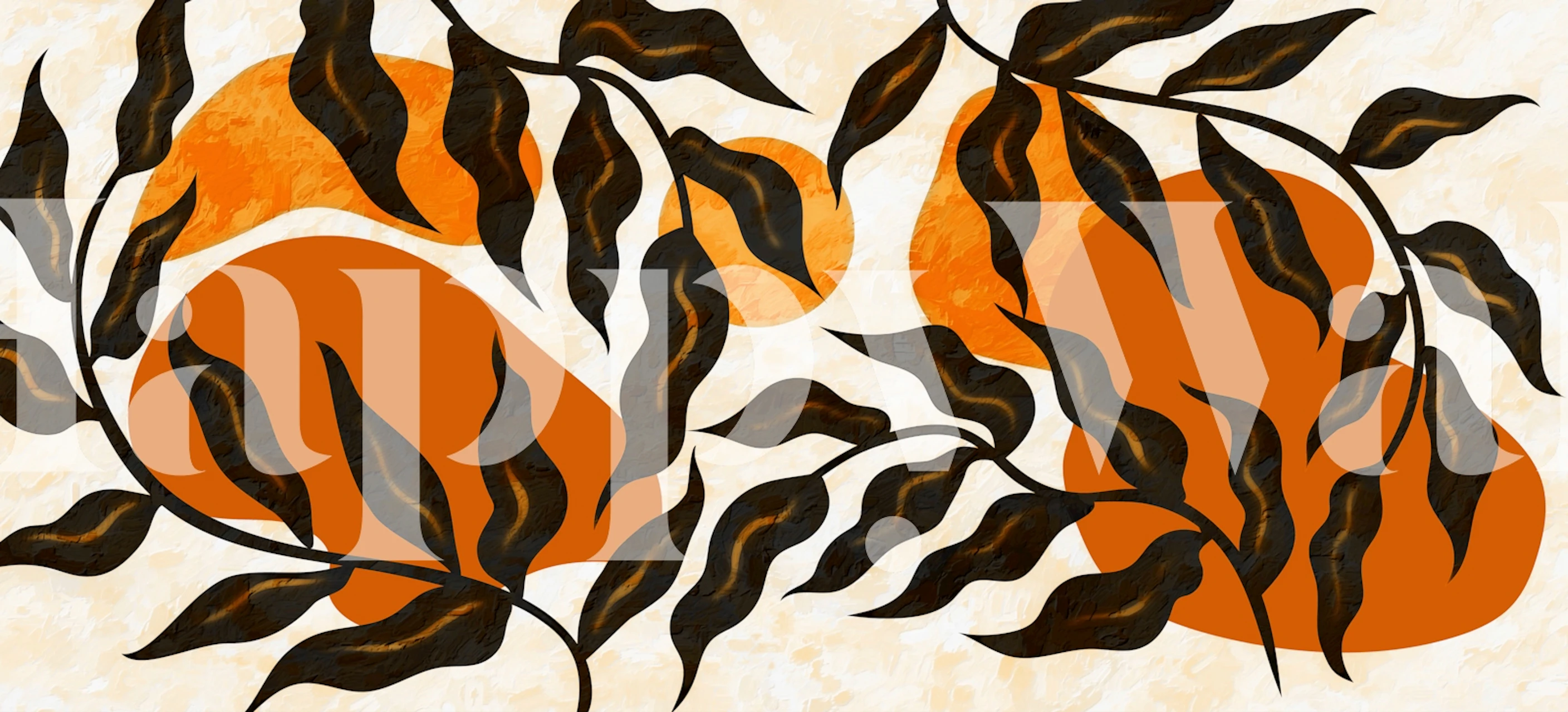 Sunrise Luxury Leaves veggmaleri med varm aprikos og sorte botaniske mønstre