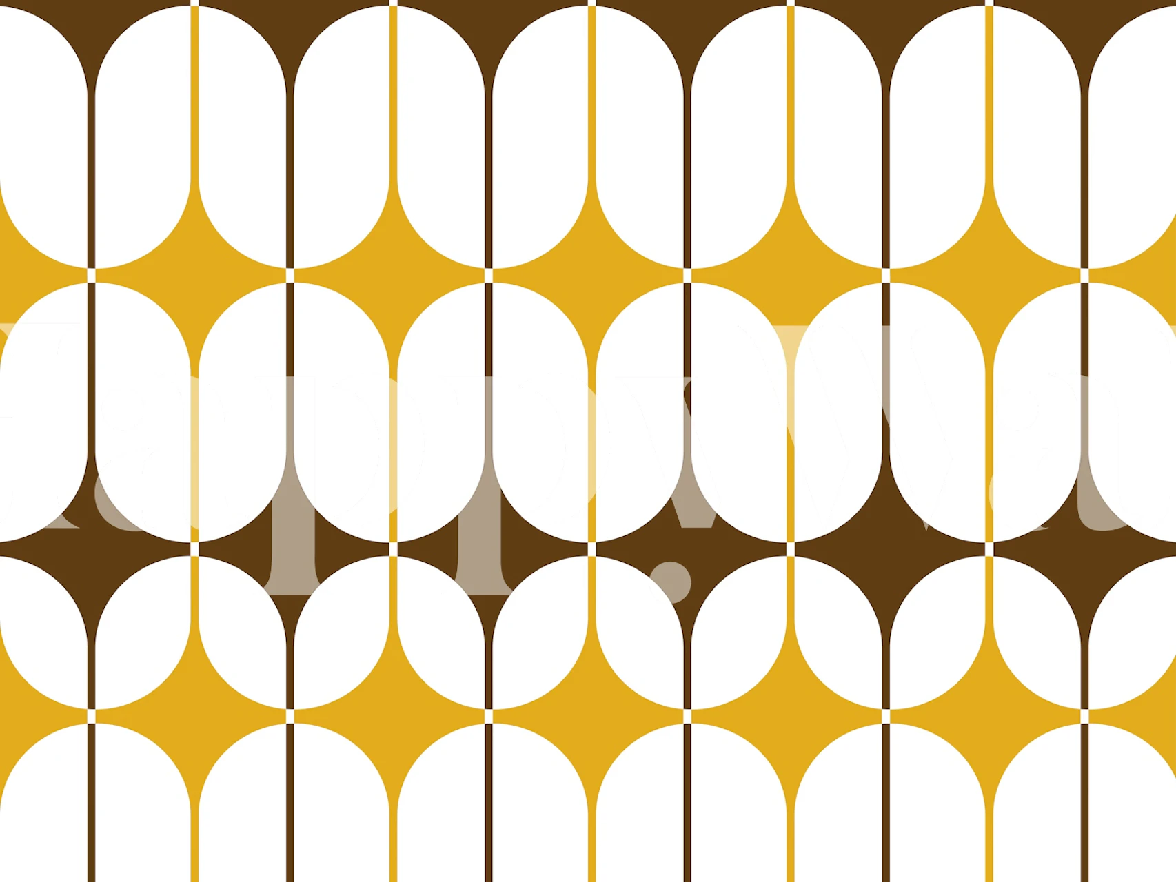 Retro-geïnspireerde moderne muurschildering met geometrische patronen uit het midden van de eeuw, met mosterdgele en witte tinten.